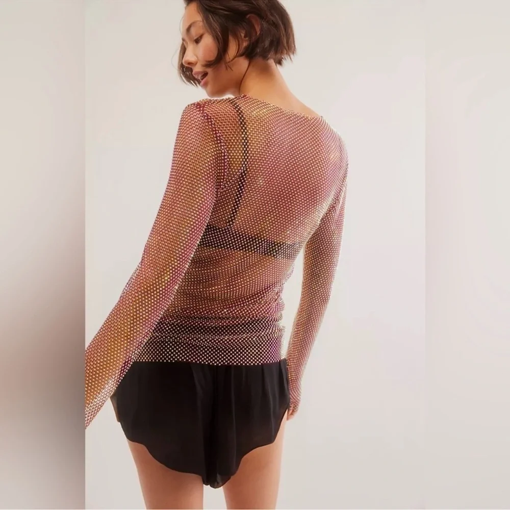 Free People intimately Filter Finish Ruby Red Long Sleeve Rhinestone Top